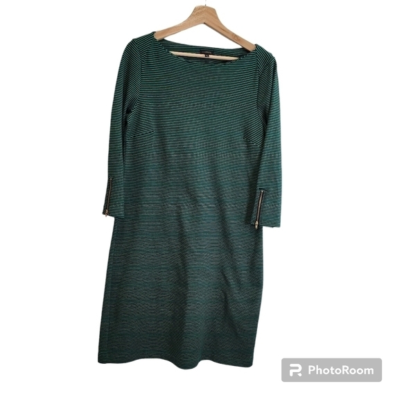 Talbots M Dress Shift Green Navy Stripe Zip Cuffs 3/4 Sleeve 100% Cotton - Picture 1 of 4